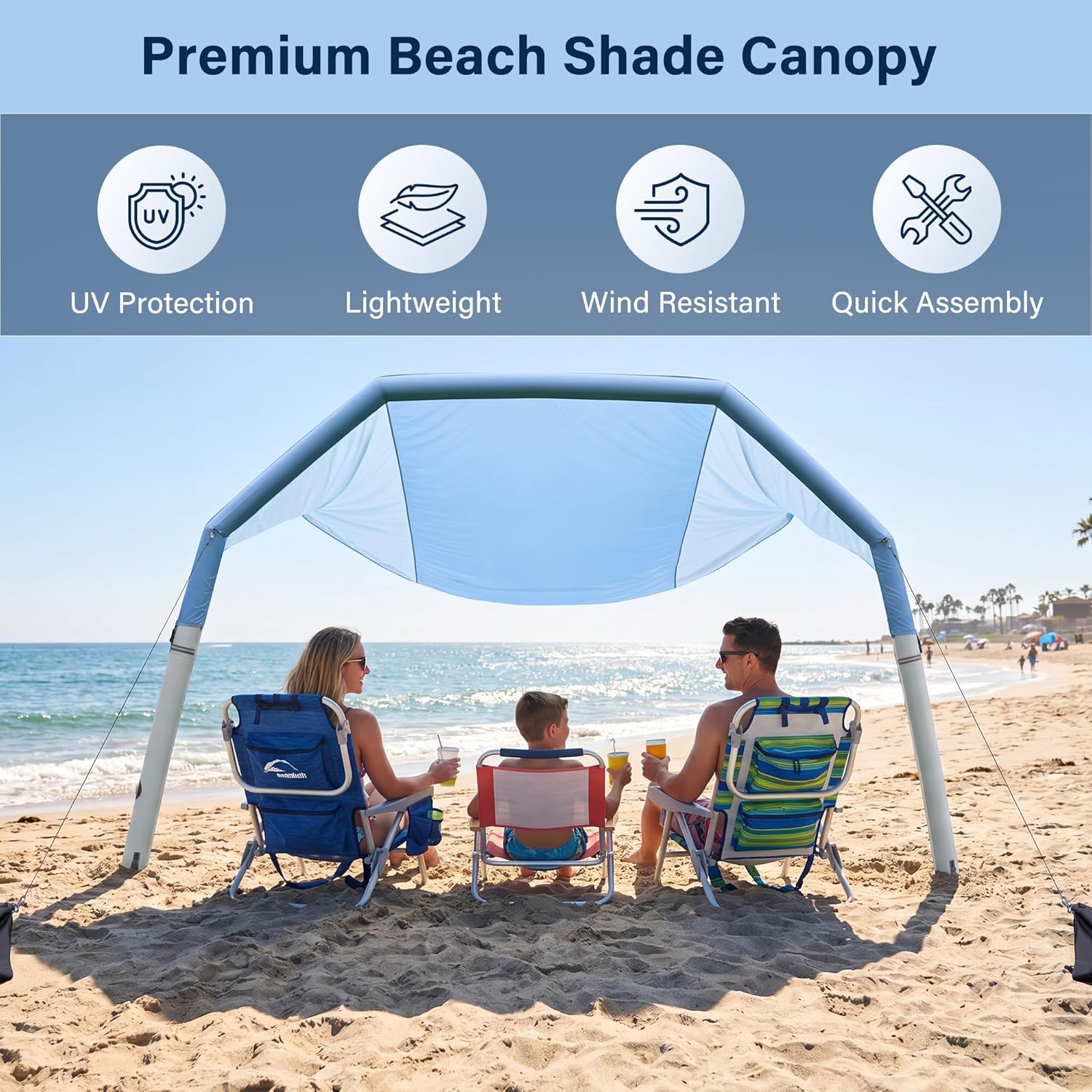 LAUSAINT HOME Shade Beach Tent Wind Sun Canopy, Inflatable Arch Beach Shade with Air Pump &amp; Poles, Portable Floating Wind-Powered Sunshade, UPF 50+ Sun Shelter for 4-8 People Family Camping Trips