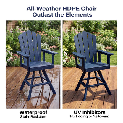 LAUSAINT HOME Swivel Adirondack Bar Chair, Weatherproof Patio HDPE Chairs, Outdoor Bar Height Outdoor Balcony Furniture Set, 360° Rotating Bistro Stools for Garden, Lawn, Poolside, Navy Blue