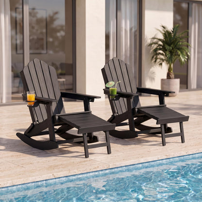 LAUSAINT HOME Folding Adirondack Rocking Chairs Set with Retractable Ottomans, 3-Position Adjustable Backrests and Cup Holders