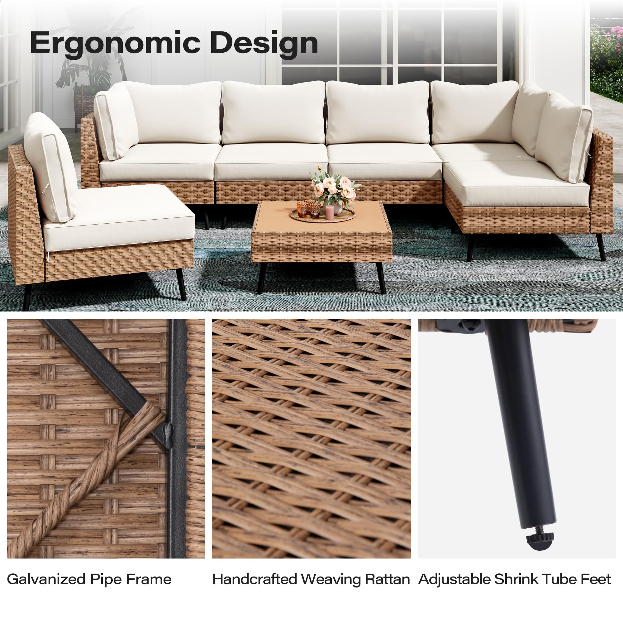 LAUSAINT HOME Outdoor Patio Furniture, 6 Piece Outdoor Sectional Sofa PE Rattan Wicker Patio Conversation Sets, All Weather Patio Furniture Set with Thick Cushions for Garden, Backyard(Beige)