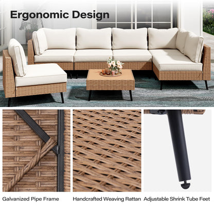 LAUSAINT HOME Outdoor Patio Furniture, 6 Piece Outdoor Sectional Sofa PE Rattan Wicker Patio Conversation Sets, All Weather Patio Furniture Set with Thick Cushions for Garden, Backyard(Beige)