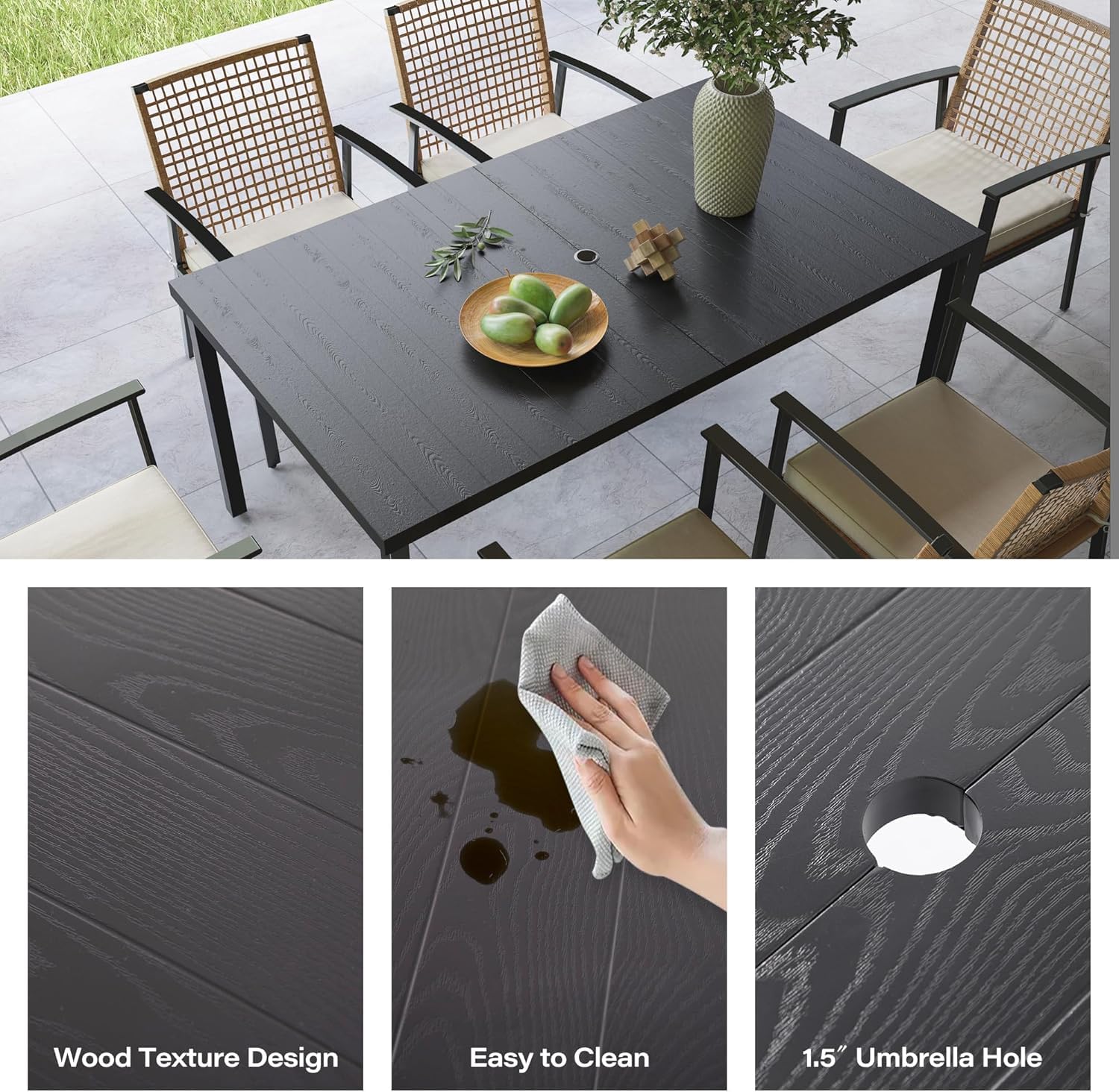 LAUSAINT HOME Outdoor Dining Table with Umbrella Hole, Weather Resistant Heavy Duty Metal Frame Table