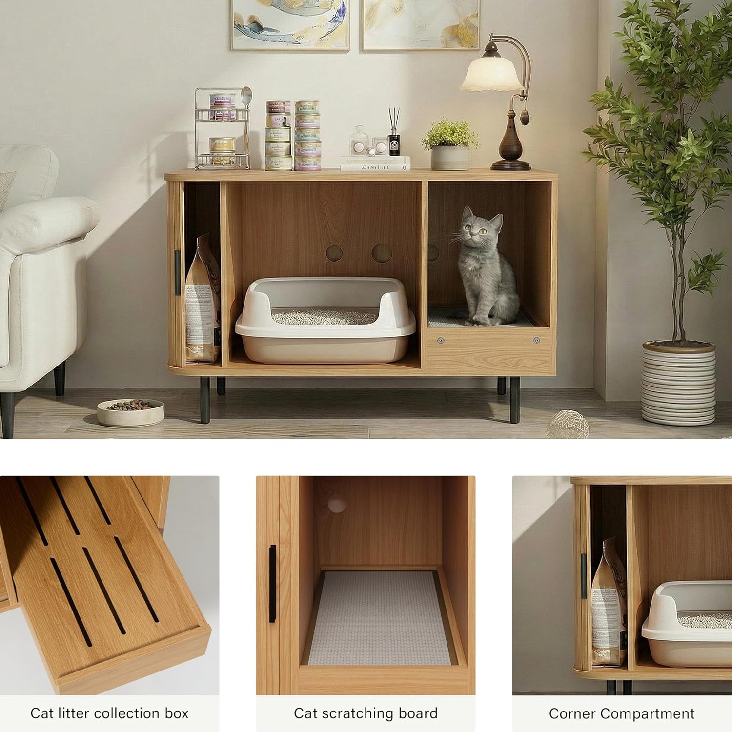 LAUSAINT HOME Cat Litter Box Enclosure with Scratch Pad &amp; Sliding Door, Hidden Cat Litter Box Furniture with Storage Drawer