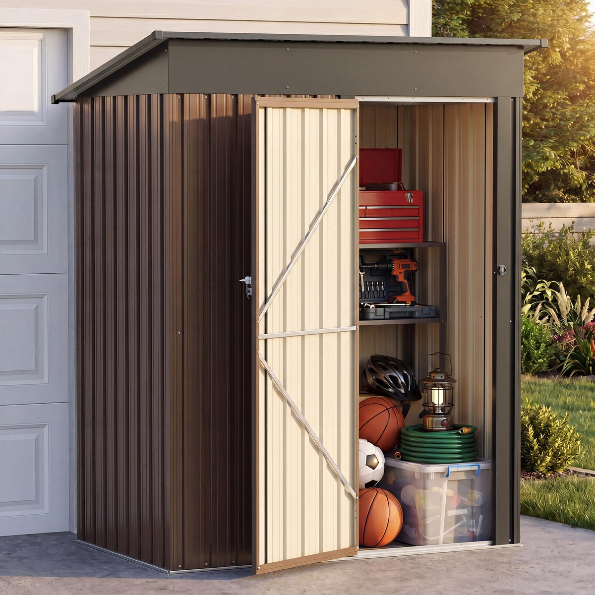 LAUSAINT HOME 10 x 3 FT 2-in-1 Metal Outdoor Storage Shed with Hardtop Gazebo, Lockable Galvanized Steel Lean-to Tool Shed with Sloped Roof, Black
