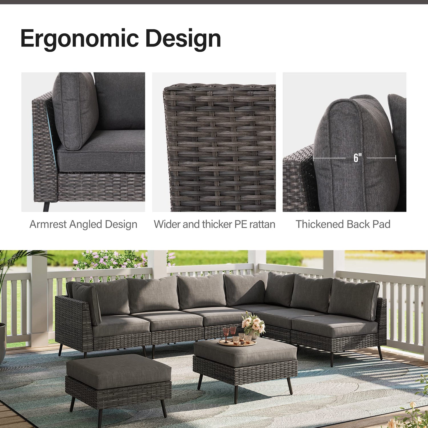 LAUSAINT HOME Outdoor Patio Furniture, 6 Piece Outdoor Sectional Sofa PE Rattan Wicker Patio Conversation Sets, All Weather Patio Furniture Set with Thick Cushions for Garden, Backyard(Beige)