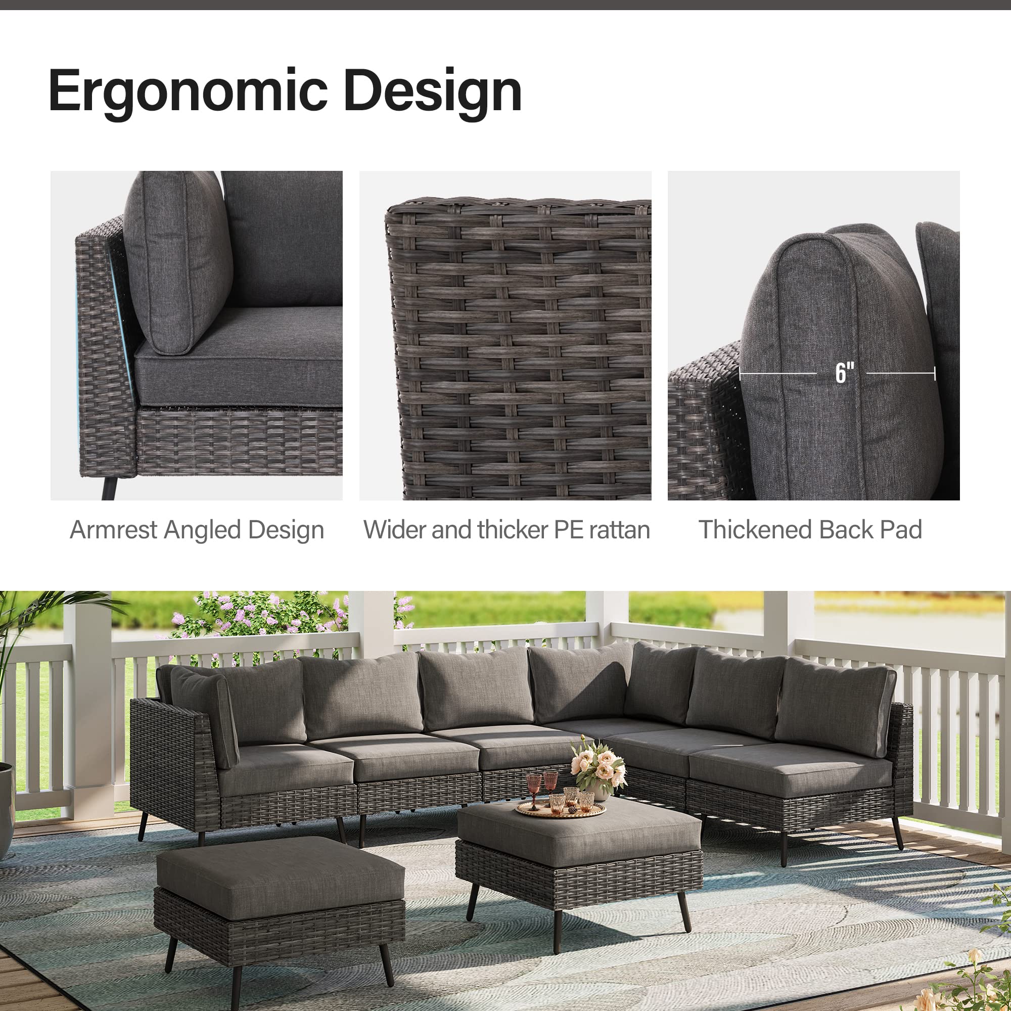 LAUSAINT HOME Outdoor Patio Furniture, 6 Piece Outdoor Sectional Sofa PE Rattan Wicker Patio Conversation Sets, All Weather Patio Furniture Set with Thick Cushions for Garden, Backyard(Beige)