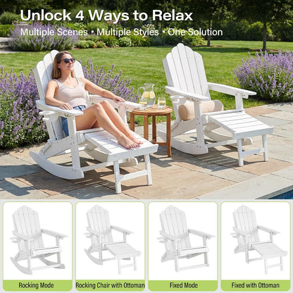 LAUSAINT HOME Folding Adirondack Rocking Chairs Set with Retractable Ottomans, 3-Position Adjustable Backrests and Cup Holders