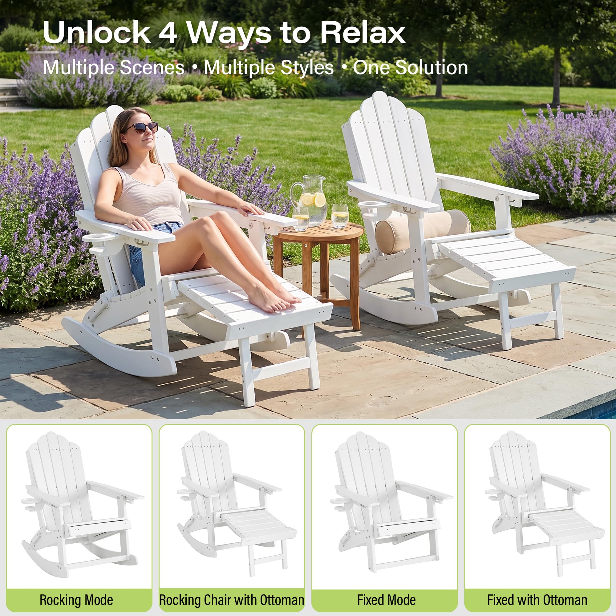 LAUSAINT HOME Folding Adirondack Rocking Chairs Set with Retractable Ottomans, 3-Position Adjustable Backrests and Cup Holders