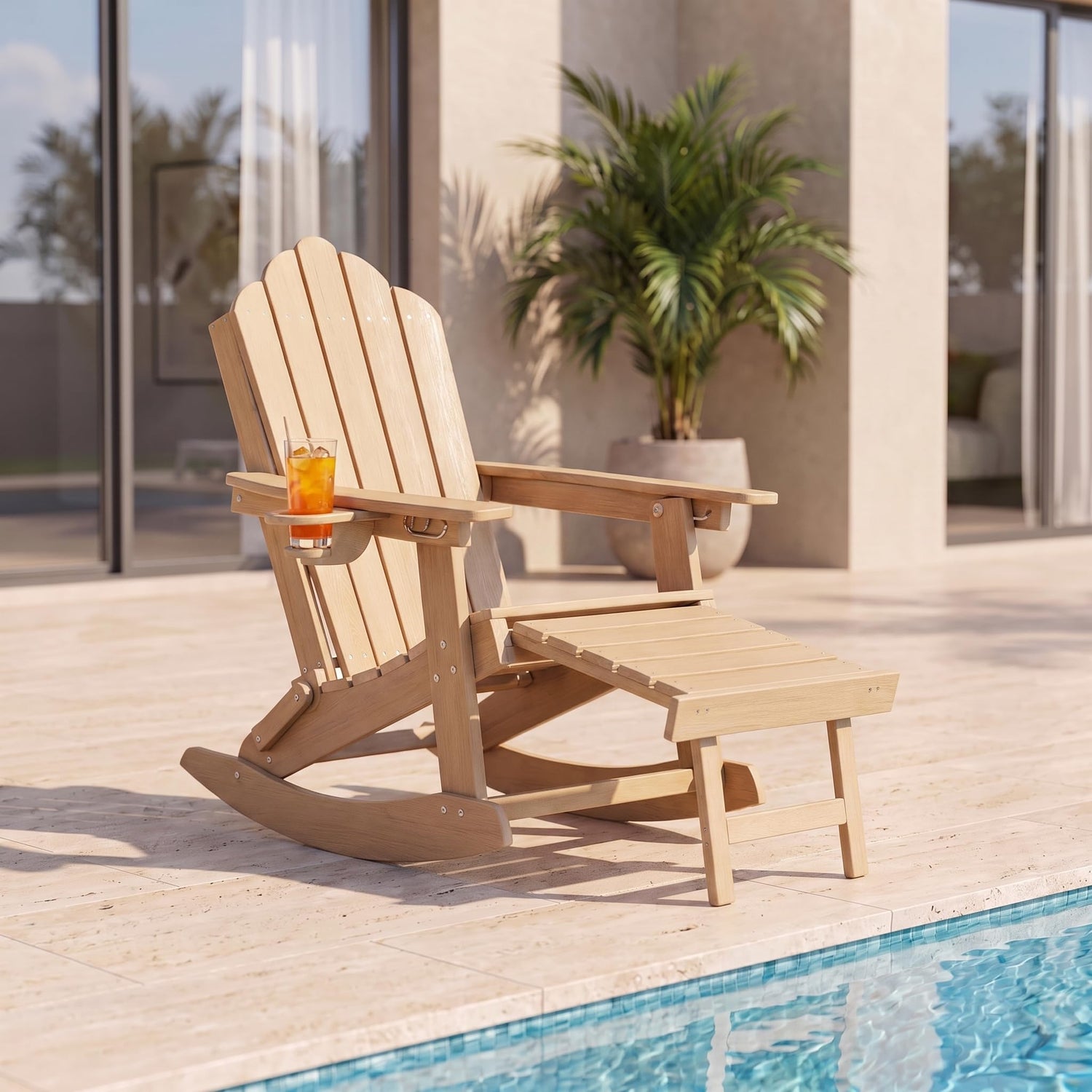 LAUSAINT HOME Folding Adirondack Rocking Chairs Set with Retractable Ottomans, 3-Position Adjustable Backrests and Cup Holders