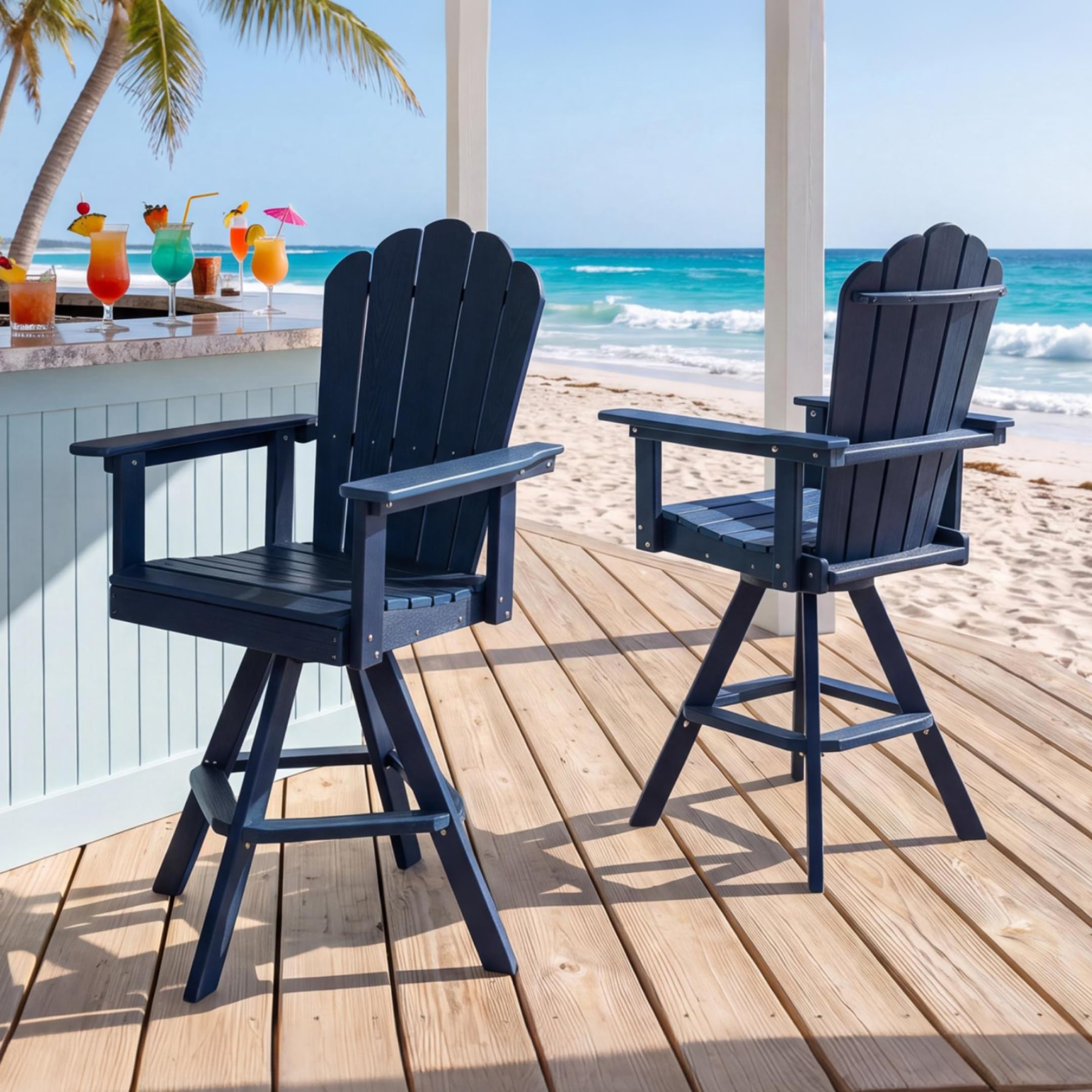 LAUSAINT HOME Swivel Adirondack Bar Chair, Weatherproof Patio HDPE Chairs, Outdoor Bar Height Outdoor Balcony Furniture Set, 360° Rotating Bistro Stools for Garden, Lawn, Poolside, Navy Blue