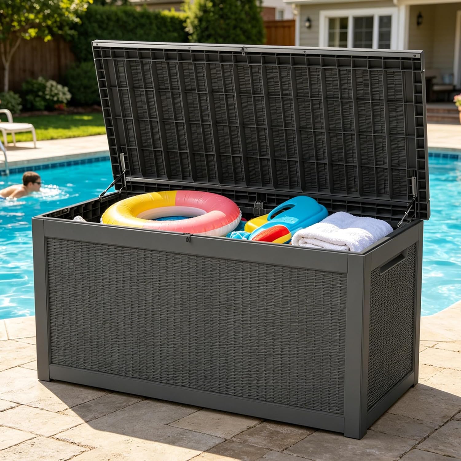 LAUSAINT HOME Resin Deck Box for Outdoor Storage - Weatherproof Patio Storage Bench