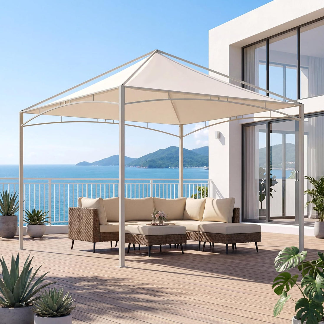LAUSAINT HOME 10x10 Outdoor Shade Canopy Gazebo for Patio Lawn &amp; Garden, UV50+ Sun Protection Gazebo with 180G Polyester Fabric, Sturdy Powder Coated Metal Frame, Includes 8 Ground Stakes, Beige