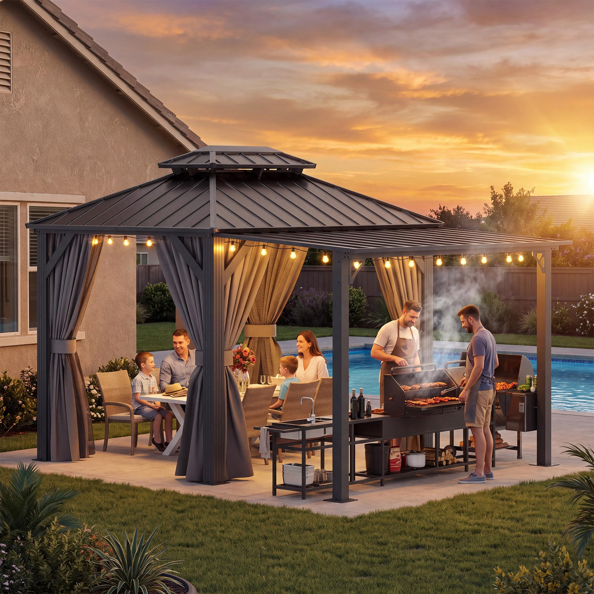 LAUSAINT HOME 5x8 FT Outdoor Grill Gazebo Canopy, BBQ Gazebo with 2-Tier Vented Top, 2 Durable Shelves &amp; Metal Frame Grill ShelterDark Gray