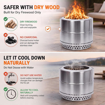 Lausaint Home 20 Inch Smokeless Fire Pit, Outdoor Wood Burning Firepit with Grill Grate &amp; Stand