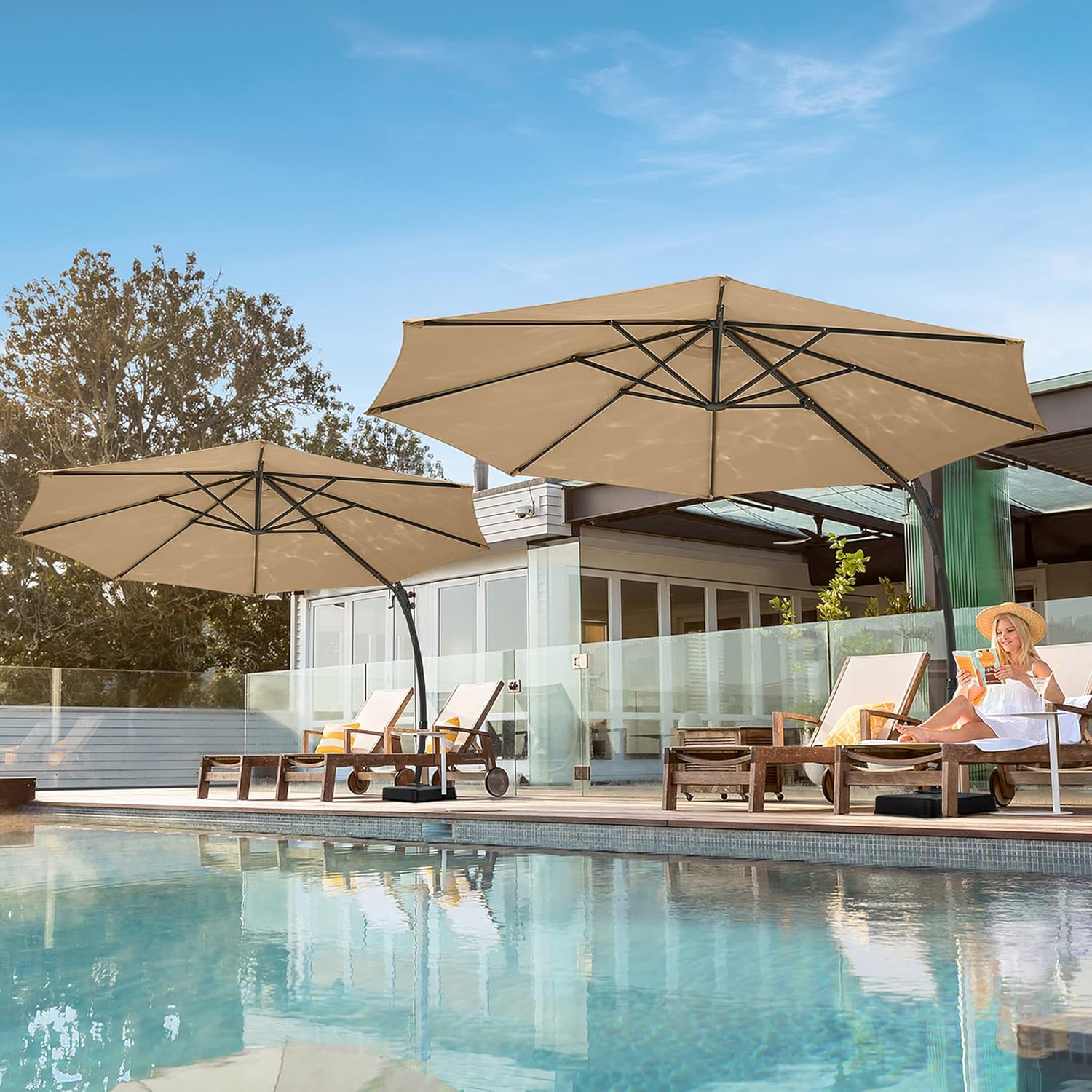 LAUSAINT HOME Outdoor Patio Umbrella with Base Included, Large Sun Shade Cantilever Umbrella Deluxe Curvy