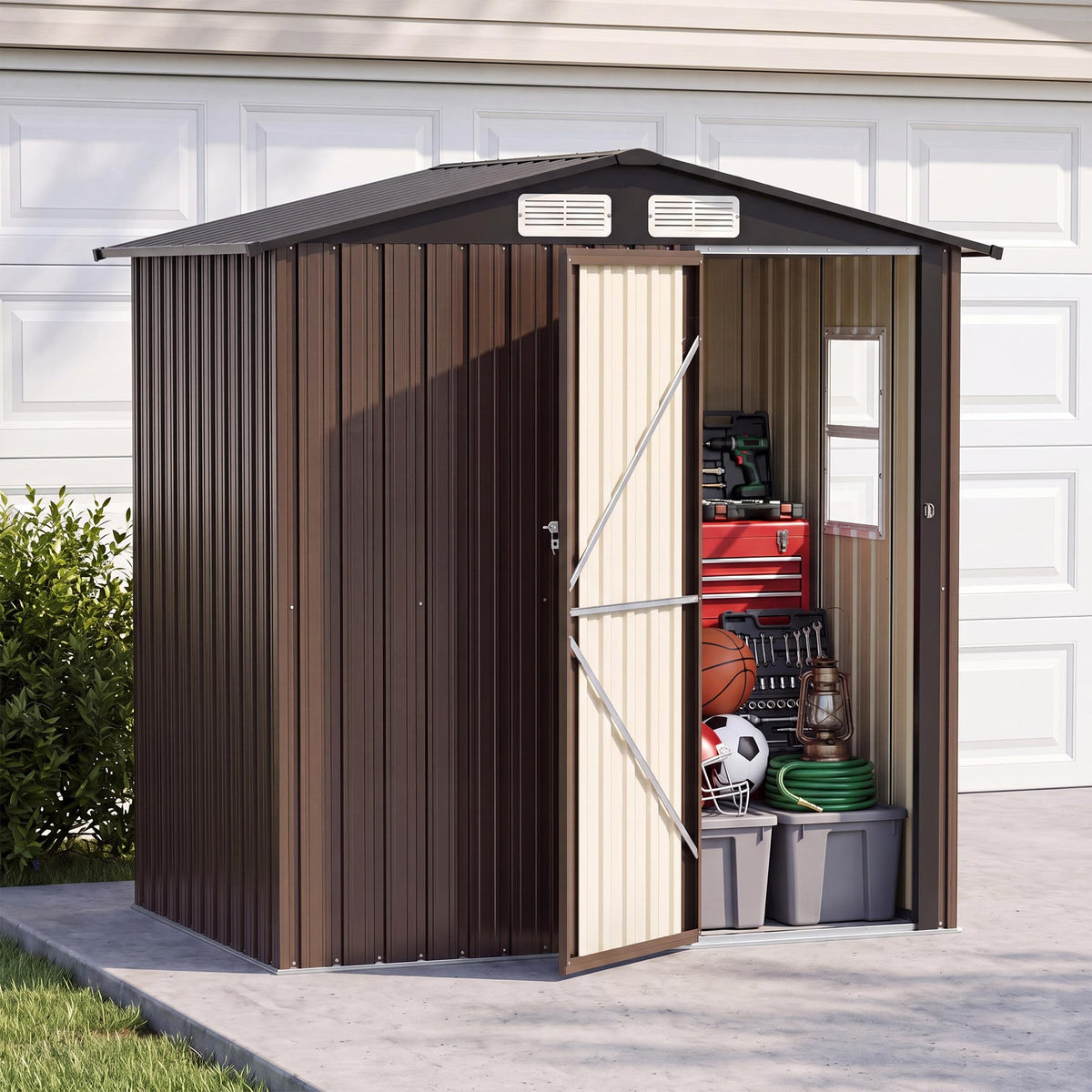 LAUSAINT HOME 8 x 6 FT Outdoor Storage Shed with Window, Galvanized Steel Storage Shed, Double Lockable Doors, Gable Roof &amp; Air Vent for Backyard, Brown