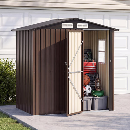 LAUSAINT HOME 8 x 6 FT Outdoor Storage Shed with Window, Galvanized Steel Storage Shed, Double Lockable Doors, Gable Roof &amp; Air Vent for Backyard, Brown