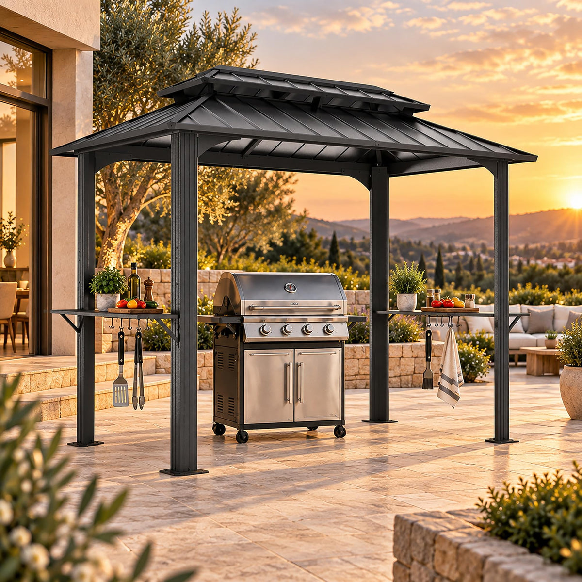 LAUSAINT HOME 5x8 FT Outdoor Grill Gazebo Canopy, BBQ Gazebo with 2-Tier Vented Top, 2 Durable Shelves &amp; Metal Frame Grill ShelterDark Gray