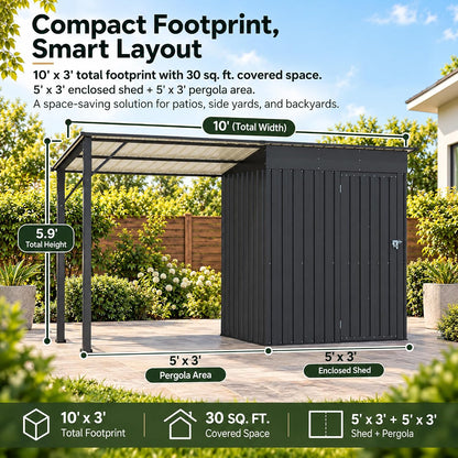 LAUSAINT HOME 10 x 3 FT 2-in-1 Metal Outdoor Storage Shed with Hardtop Gazebo, Lockable Galvanized Steel Lean-to Tool Shed with Sloped Roof, Black