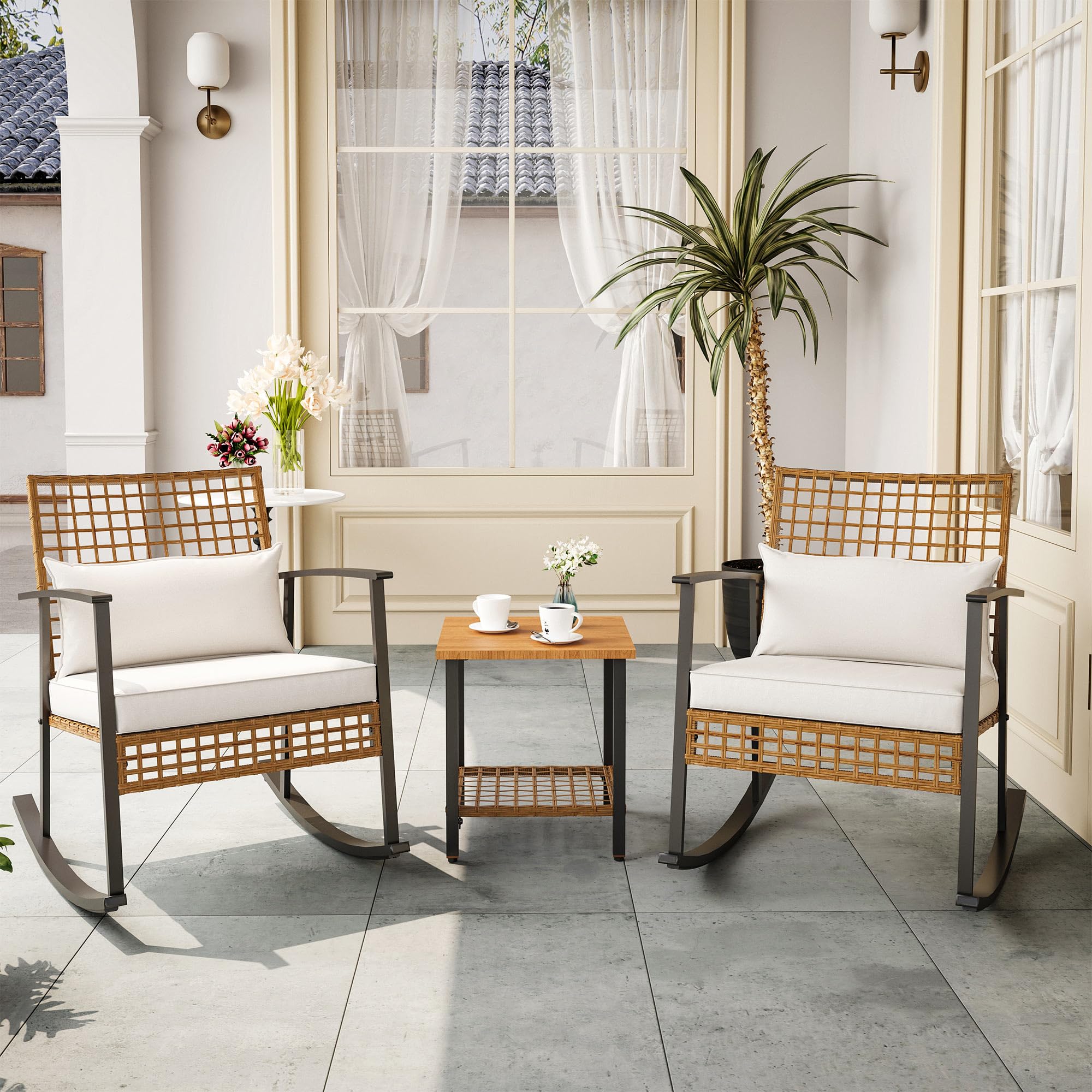 LAUSAINT HOME 3 Pieces Rocking Patio Bistro Set, Wicker Outdoor Conversation Set