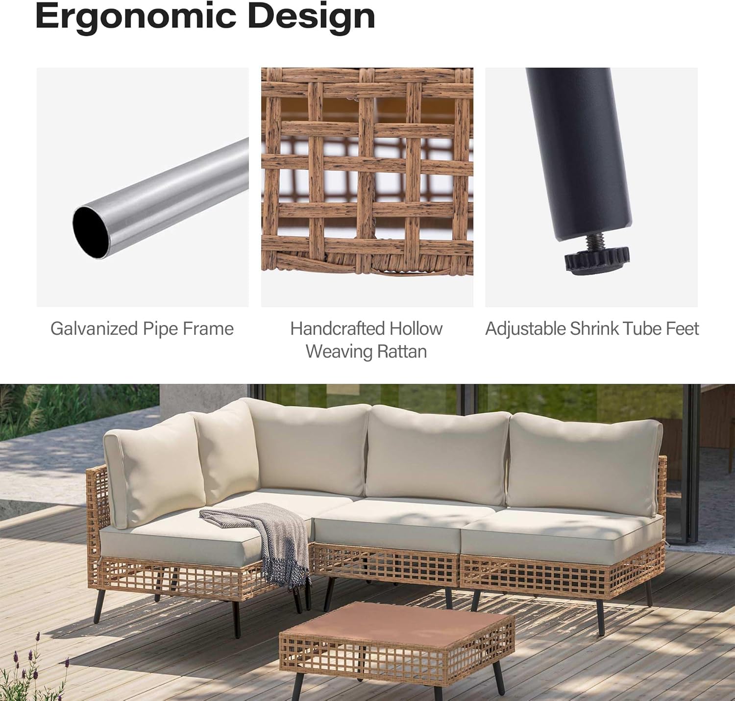 LAUSAINT HOME Outdoor Sectional Sofa Set All-Weather Patio Conversation Set with Thick Cushions