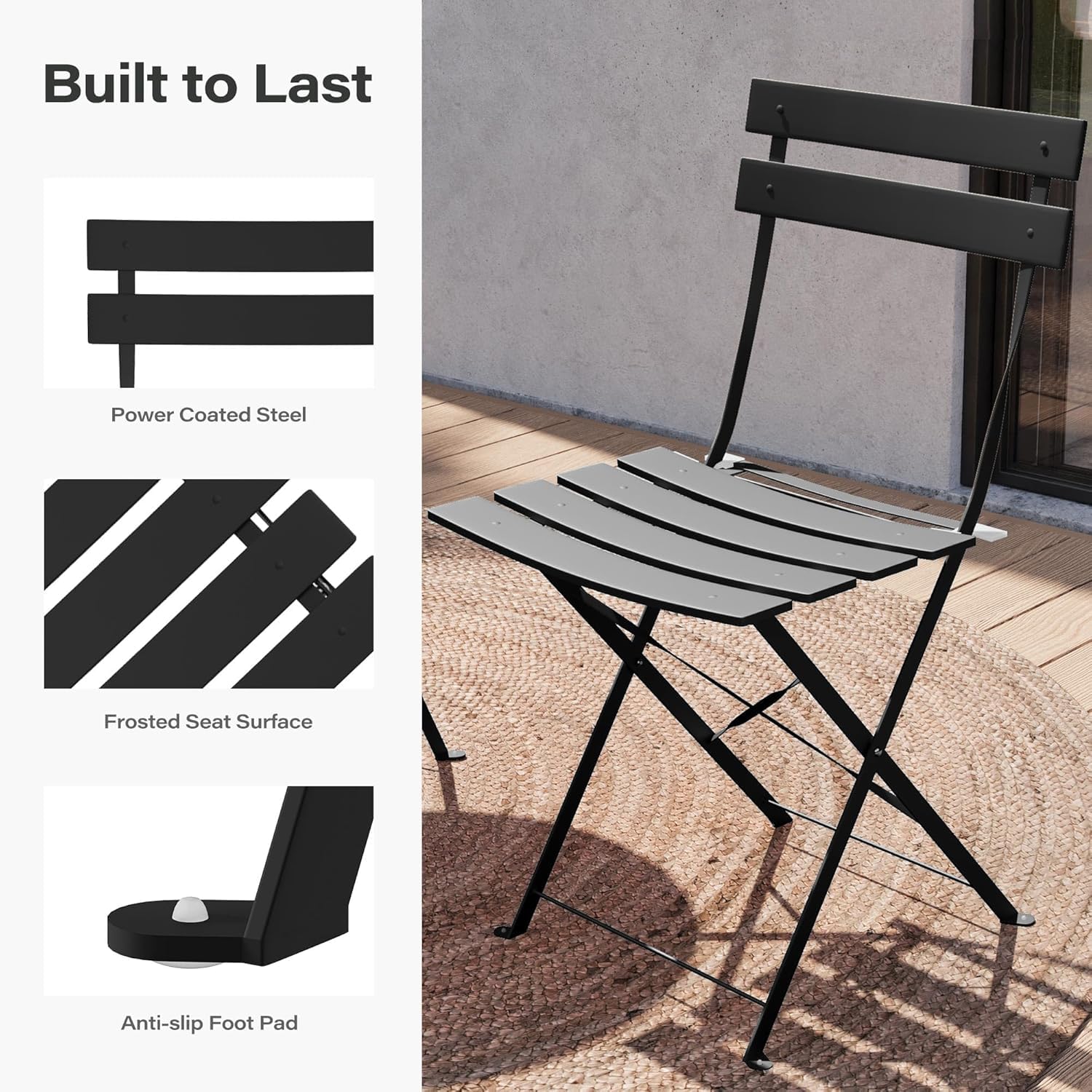 LAUSAINT HOME 3-Piece Steel Folding Bistro Set, Premium Weather-Resistant Patio Table &amp; 2 Chairs