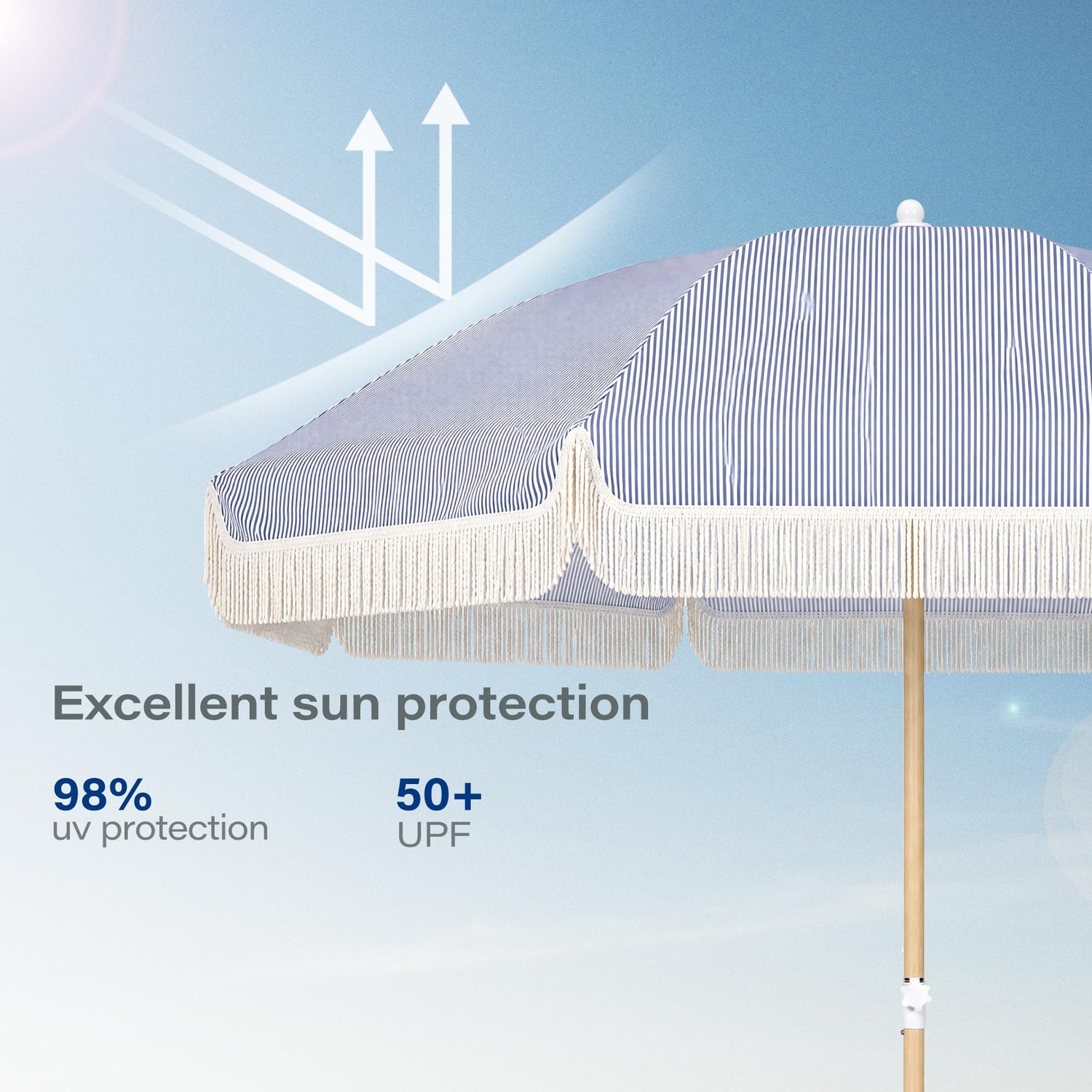 LAUSAINT HOME 8ft Boho Beach Umbrella, UPF 50+ Sun Protection Outdoor Patio Umbrella with 8 Fiberglass Ribs, Rust-Resistant Frame for Garden, Poolside, Lawn, Backyard