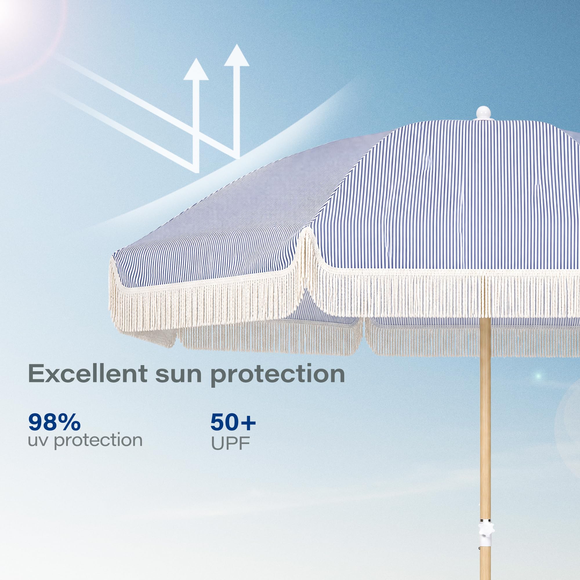 LAUSAINT HOME 8ft Boho Beach Umbrella, UPF 50+ Sun Protection Outdoor Patio Umbrella with 8 Fiberglass Ribs, Rust-Resistant Frame for Garden, Poolside, Lawn, Backyard