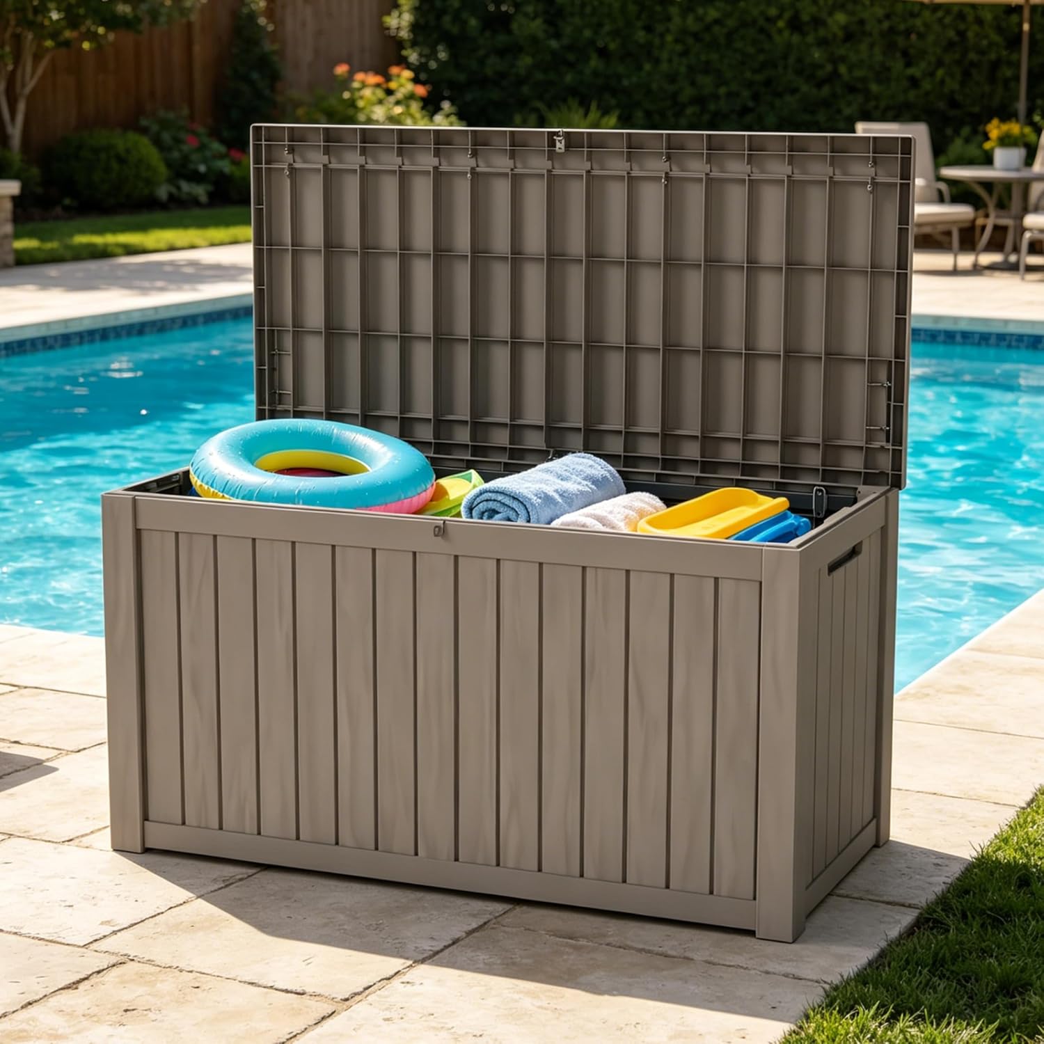 LAUSAINT HOME Resin Deck Box for Outdoor Storage - Weatherproof Patio Storage Bench