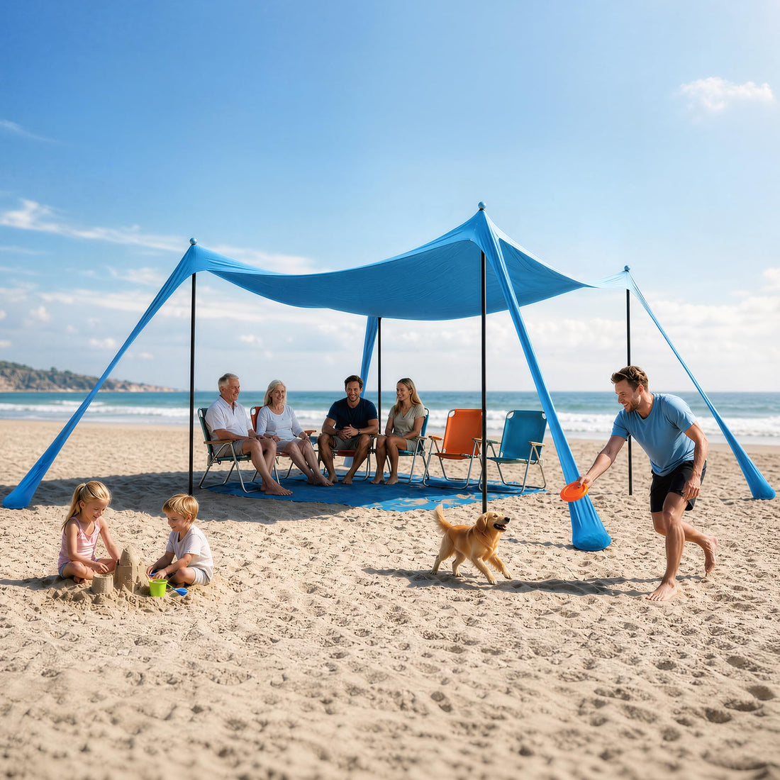 LAUSAINT HOME Beach Tent, 7.5x7.5FT Easy Pop Up Beach Canopy Sun Shade UPF 50+ Protection with 4 Windproof Stability Poles and Sandbags, Outdoor Sun Shelter for Family Camping, Sky Blue