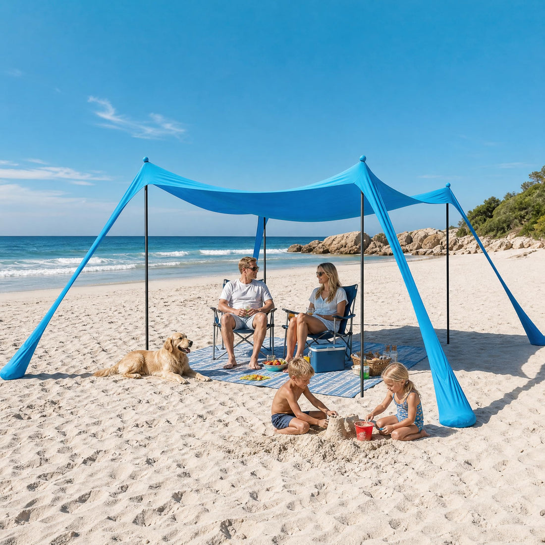 LAUSAINT HOME Beach Tent, 7.5x7.5FT Easy Pop Up Beach Canopy Sun Shade UPF 50+ Protection with 4 Windproof Stability Poles and Sandbags, Outdoor Sun Shelter for Family Camping, Sky Blue