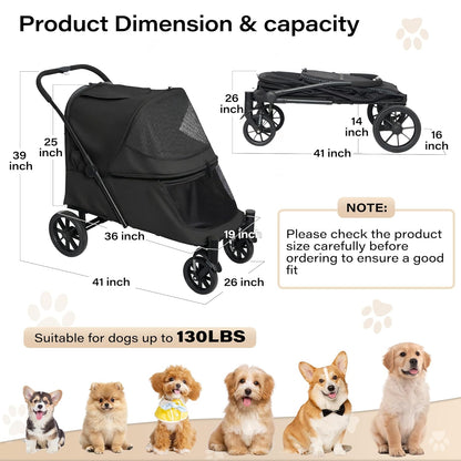 LAUSAINT HOME Pet Stroller, 4-Wheel Foldable Dog Cat Stroller for Medium/Large Pets