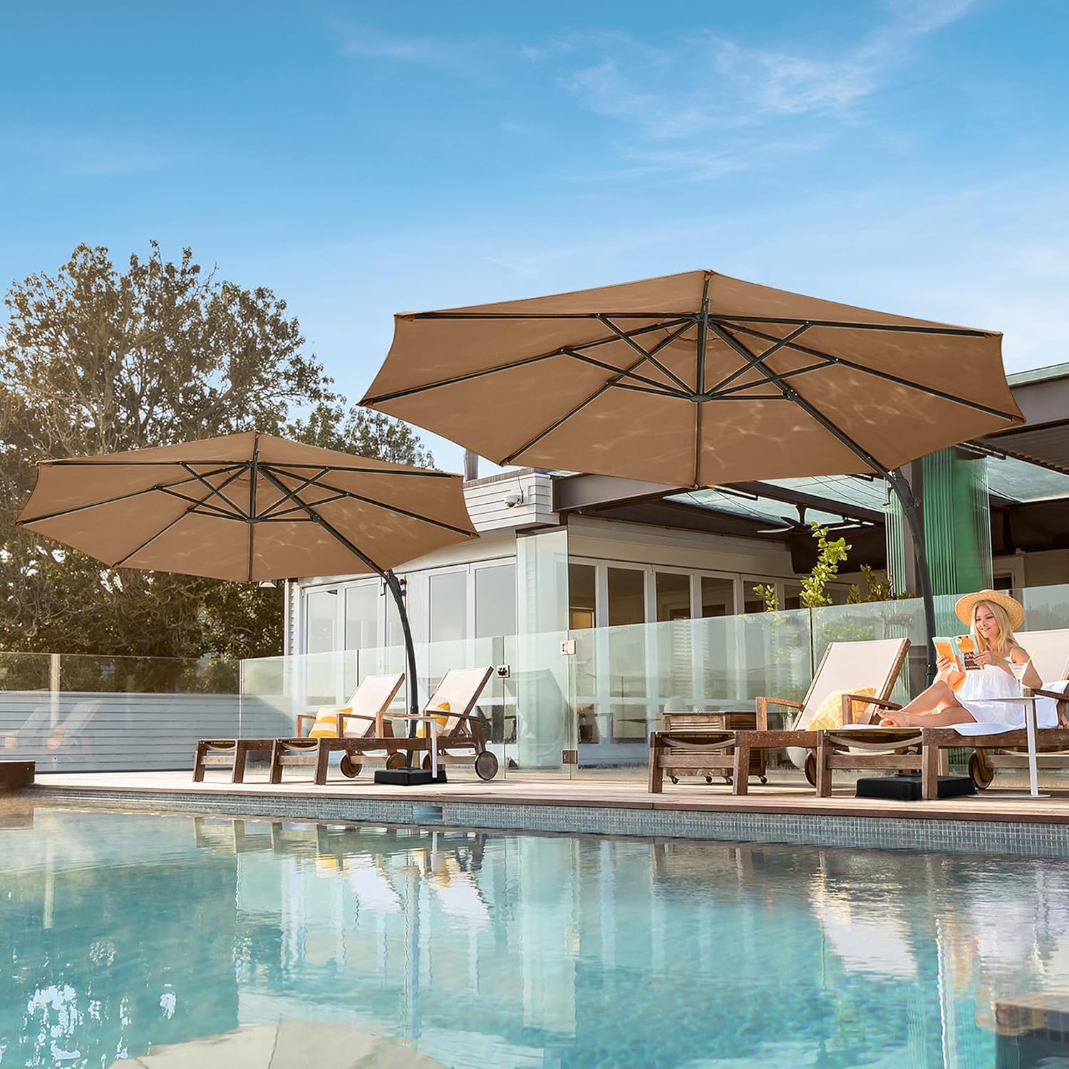 LAUSAINT HOME Outdoor Patio Umbrella with Base Included, Large Sun Shade Cantilever Umbrella Deluxe Curvy