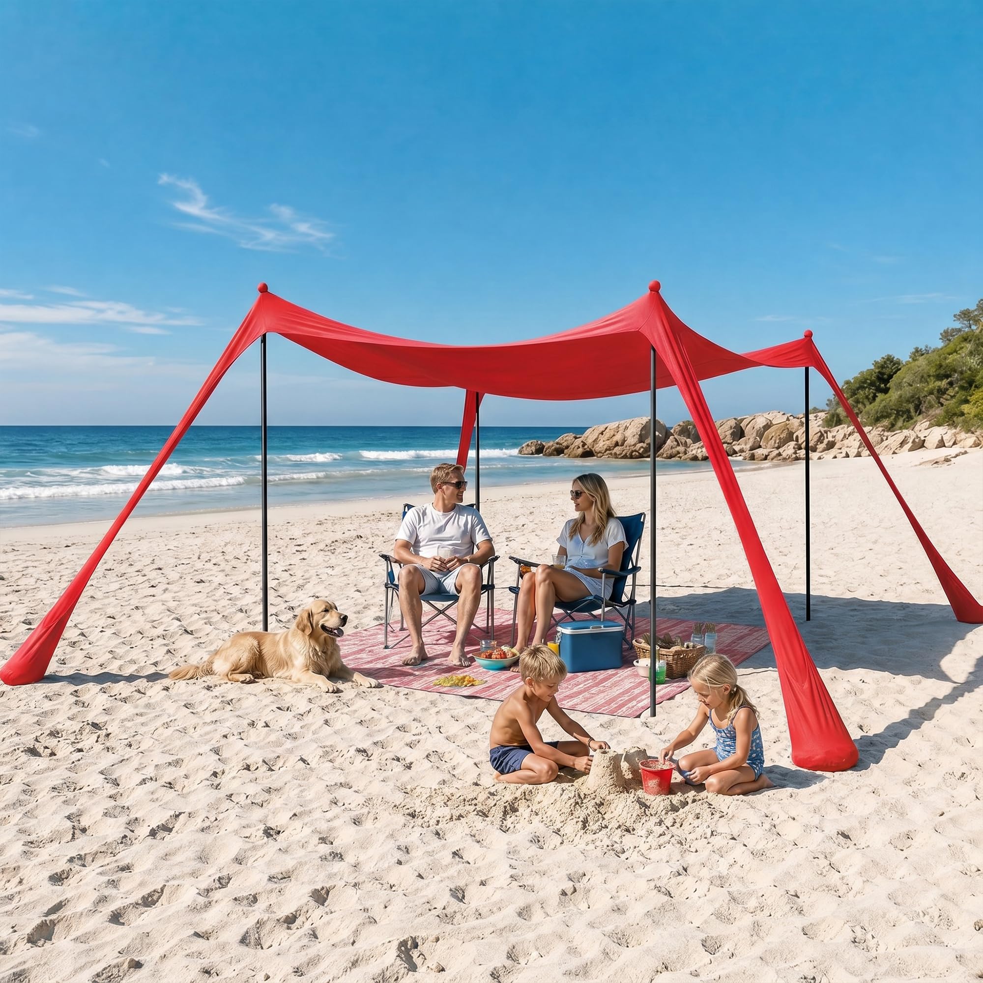 LAUSAINT HOME Beach Tent, 7.5x7.5FT Easy Pop Up Beach Canopy Sun Shade UPF 50+ Protection with 4 Windproof Stability Poles and Sandbags, Outdoor Sun Shelter for Family Camping, Sky Blue