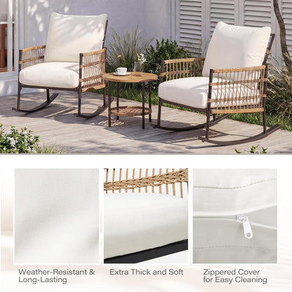 LAUSAINT HOME 3-Piece Patio Rocking Chairs Set, Outdoor PE Wicker Patio Furniture with Thick Cushions
