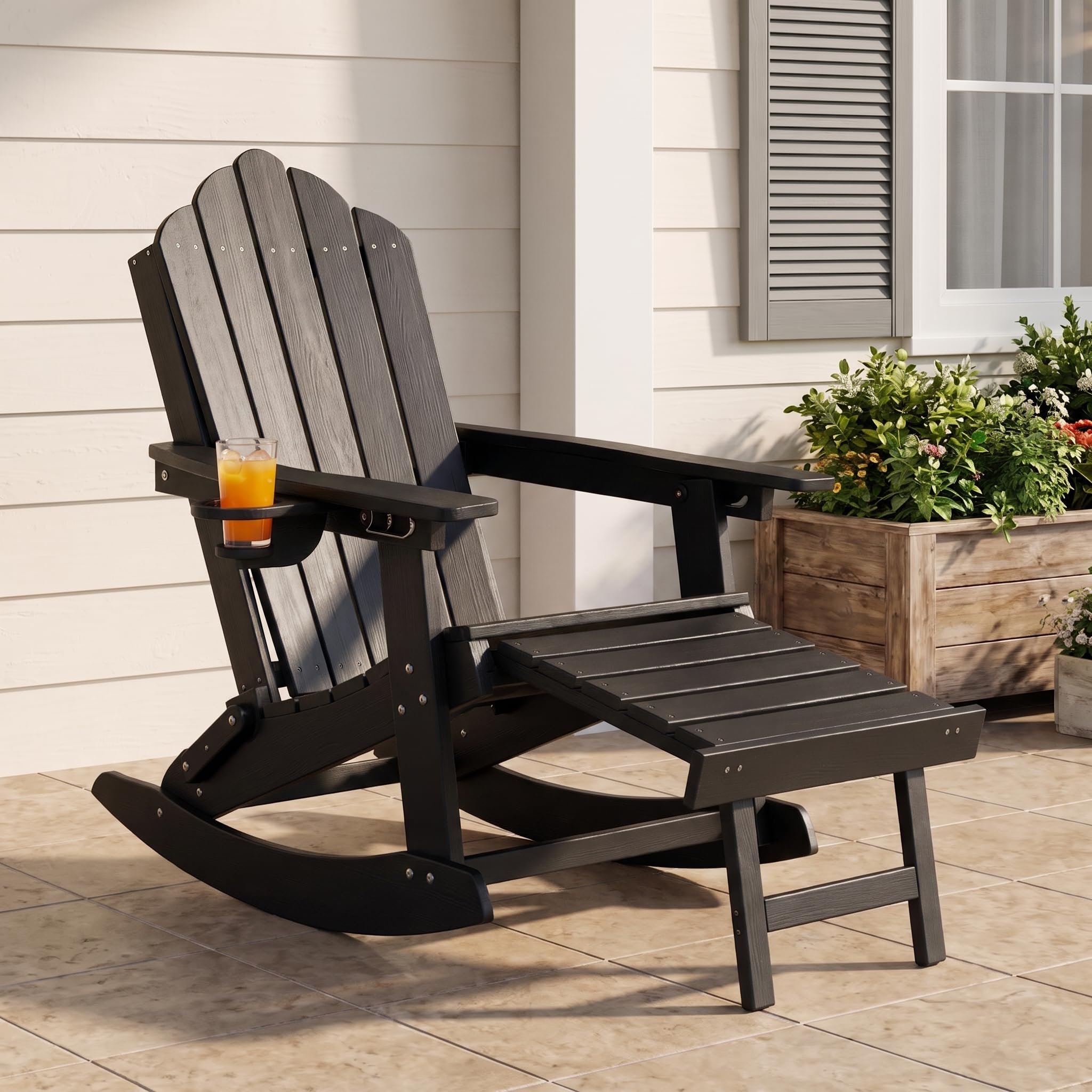 LAUSAINT HOME Folding Adirondack Rocking Chairs Set with Retractable Ottomans, 3-Position Adjustable Backrests and Cup Holders