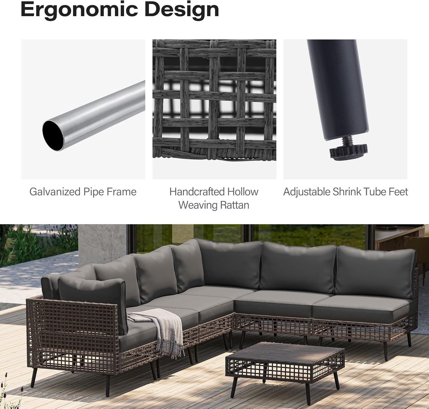 LAUSAINT HOME 7 Pieces Outdoor Sectional Sofa Set All-Weather Patio Conversation Set with Thick Cushions