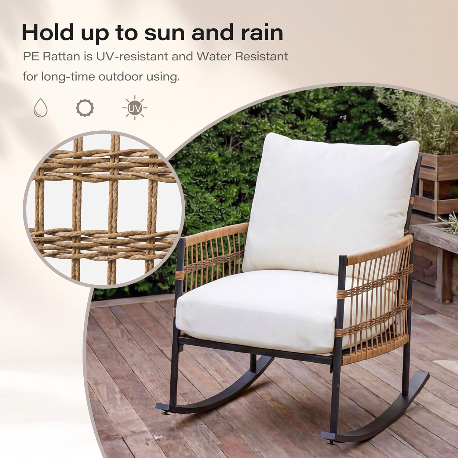 LAUSAINT HOME 3-Piece Patio Rocking Chairs Set, Outdoor PE Wicker Patio Furniture with Thick Cushions