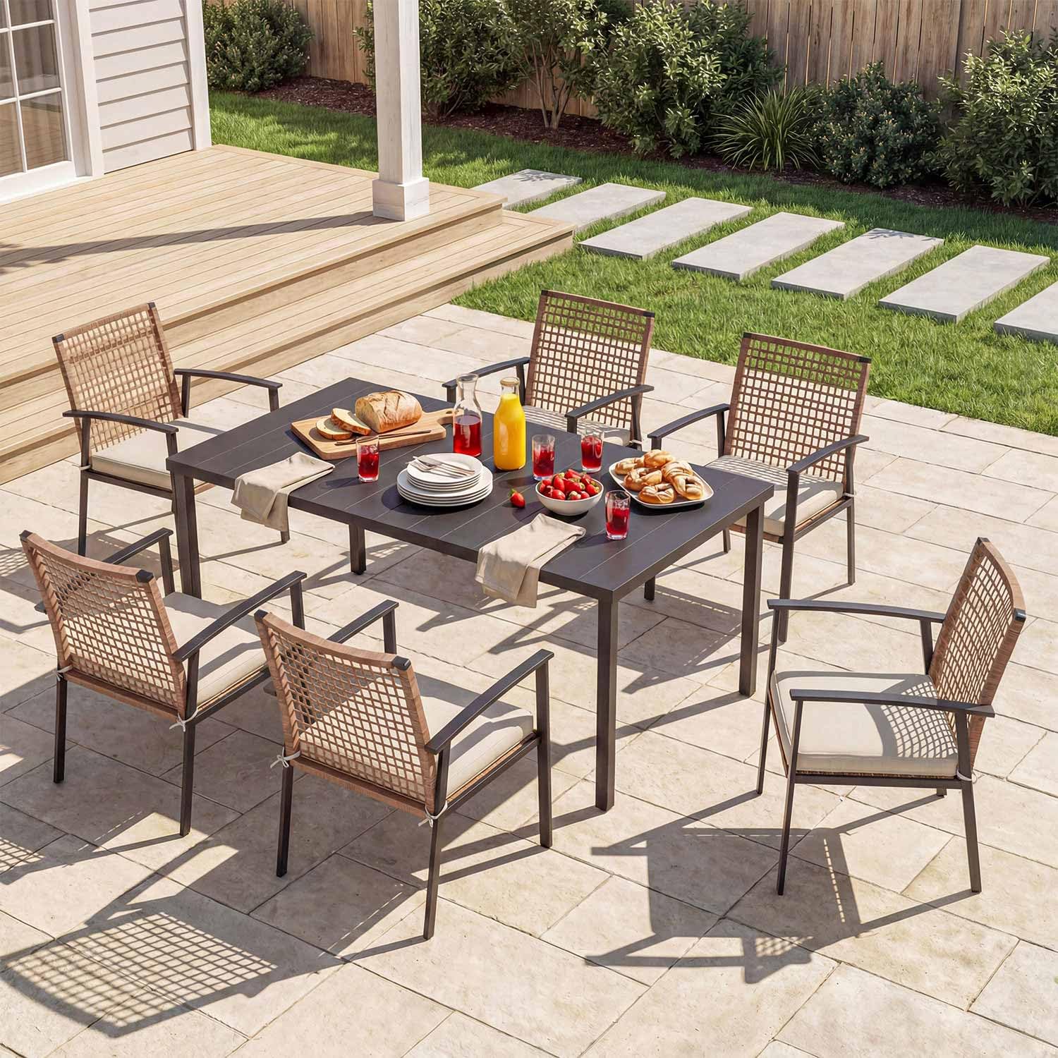LAUSAINT HOME 7 Pieces Patio Dining Set, Outdoor Furniture Set of 6 Wicker Chairs (2 of Them Swivel) with Soft Cushion and Iron Slats Table Top with Umbrella Hole, Conversation Set for Backyard