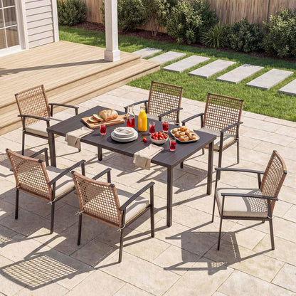 LAUSAINT HOME 7 Pieces Patio Dining Set, Outdoor Furniture Set of 6 Wicker Chairs (2 of Them Swivel) with Soft Cushion and Iron Slats Table Top with Umbrella Hole, Conversation Set for Backyard