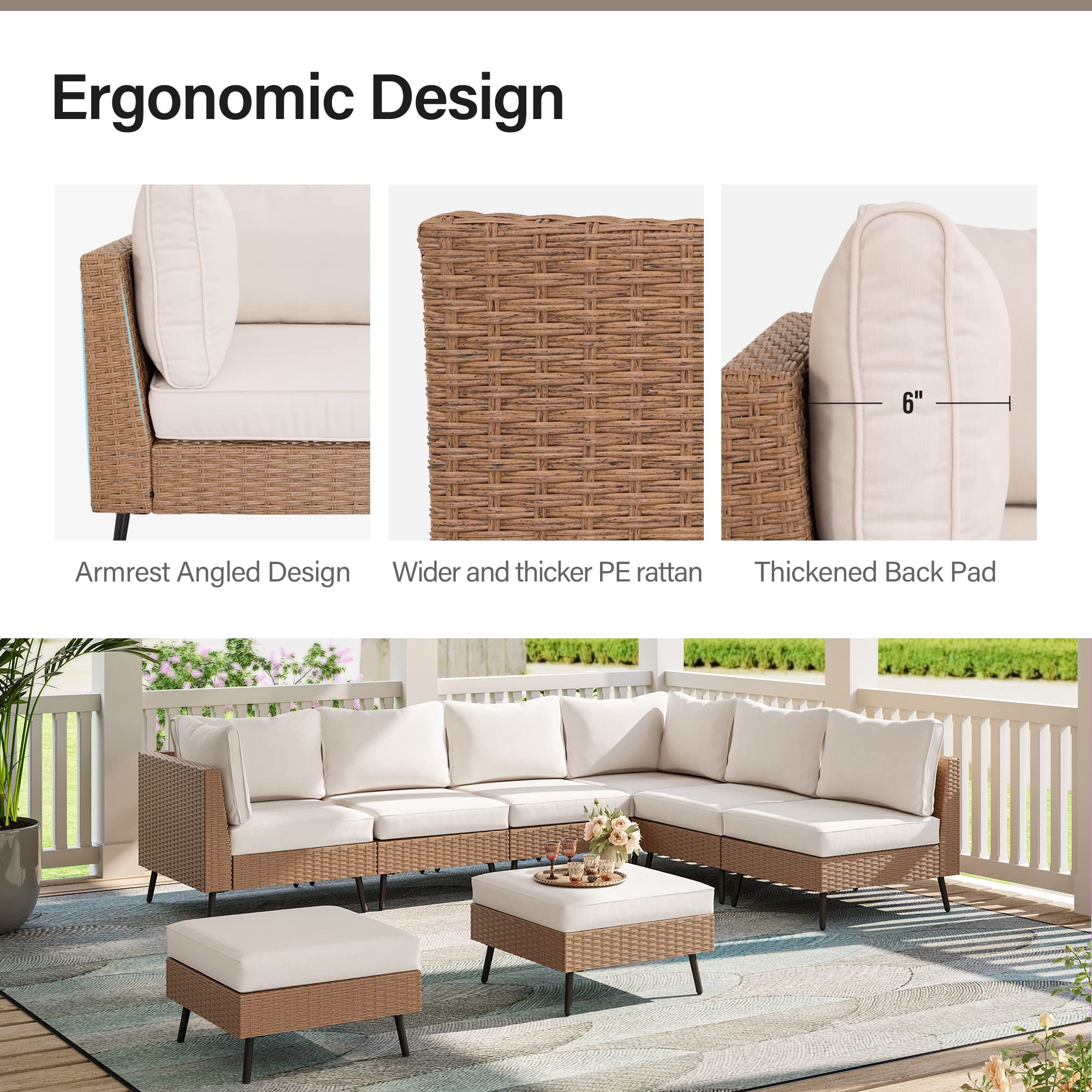 LAUSAINT HOME Outdoor Patio Furniture, 6 Piece Outdoor Sectional Sofa PE Rattan Wicker Patio Conversation Sets, All Weather Patio Furniture Set with Thick Cushions for Garden, Backyard(Beige)