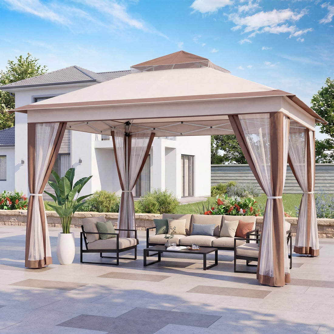 LAUSAINT HOME Pop Up Gazebo Canopy Tent with Mosquito Netting, Khaki