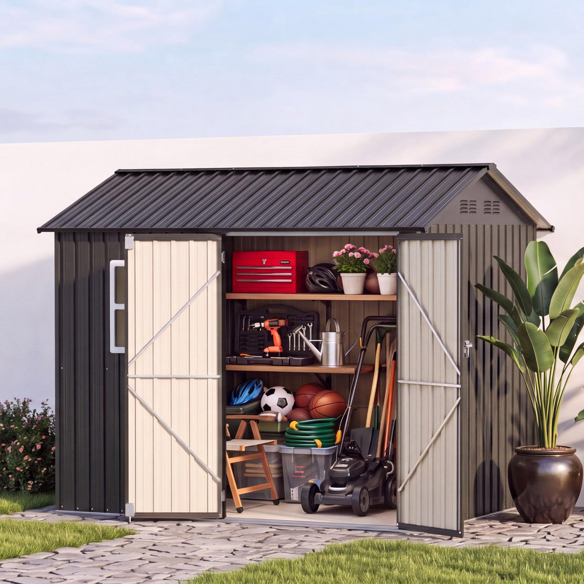 LAUSAINT HOME 10 x 3 FT 2-in-1 Metal Outdoor Storage Shed with Hardtop Gazebo, Lockable Galvanized Steel Lean-to Tool Shed with Sloped Roof, Black