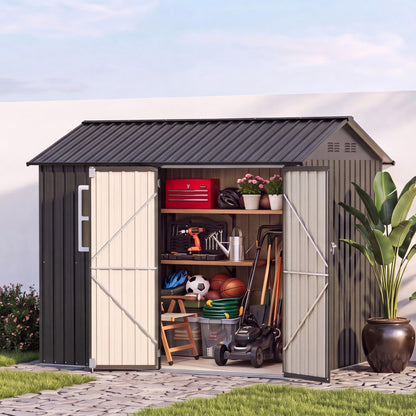 LAUSAINT HOME 10 x 3 FT 2-in-1 Metal Outdoor Storage Shed with Hardtop Gazebo, Lockable Galvanized Steel Lean-to Tool Shed with Sloped Roof, Black