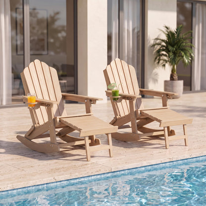 LAUSAINT HOME Folding Adirondack Rocking Chairs Set with Retractable Ottomans, 3-Position Adjustable Backrests and Cup Holders
