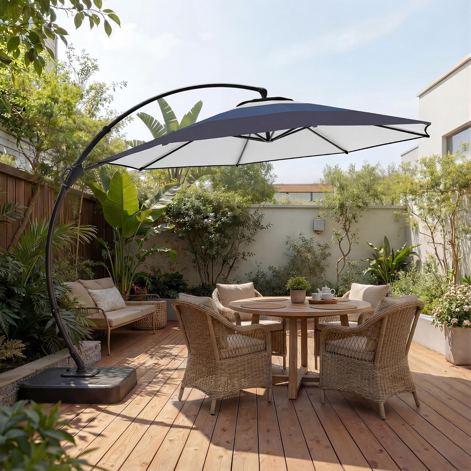 LAUSAINT HOME Outdoor Patio Umbrella with Base Included, Large Sun Shade Cantilever Umbrella Deluxe Curvy