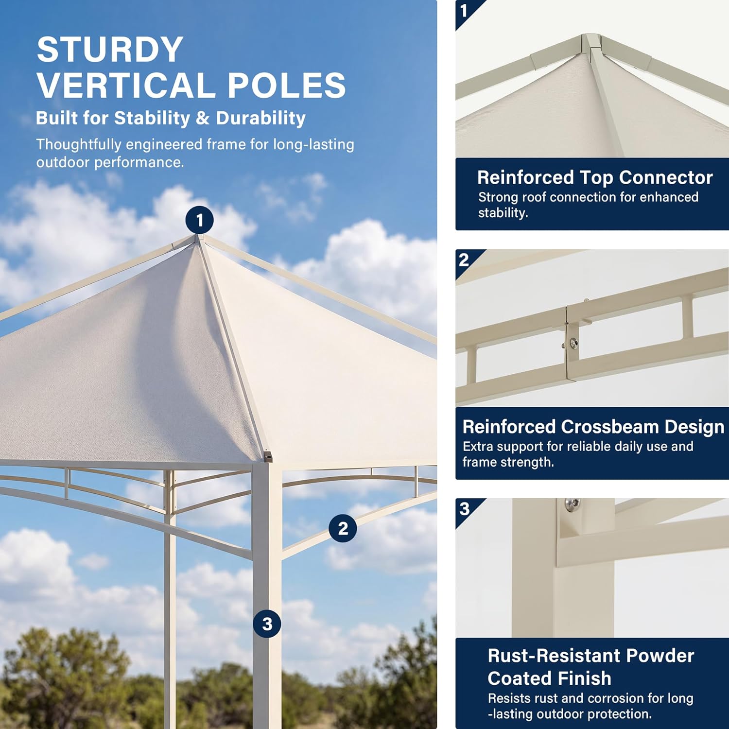 LAUSAINT HOME 10x10 Outdoor Shade Canopy Gazebo for Patio Lawn &amp; Garden, UV50+ Sun Protection Gazebo with 180G Polyester Fabric, Sturdy Powder Coated Metal Frame, Includes 8 Ground Stakes, Beige