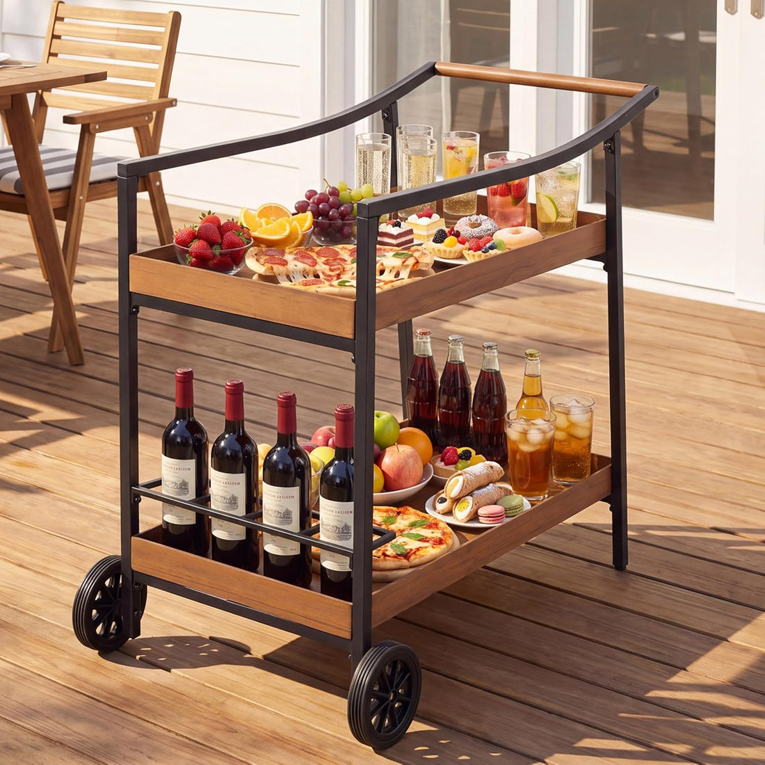 LAUSAINT HOME Bar Cart with Wheels, 2-Tier Rolling Beverage Cart with Wine Rack