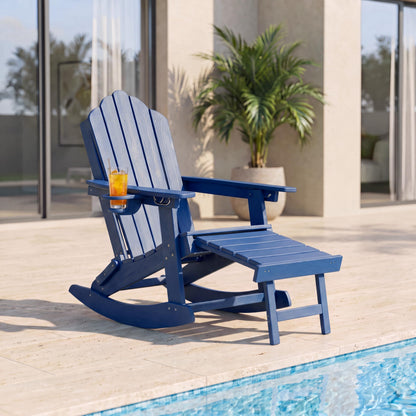 LAUSAINT HOME Folding Adirondack Rocking Chairs Set with Retractable Ottomans, 3-Position Adjustable Backrests and Cup Holders