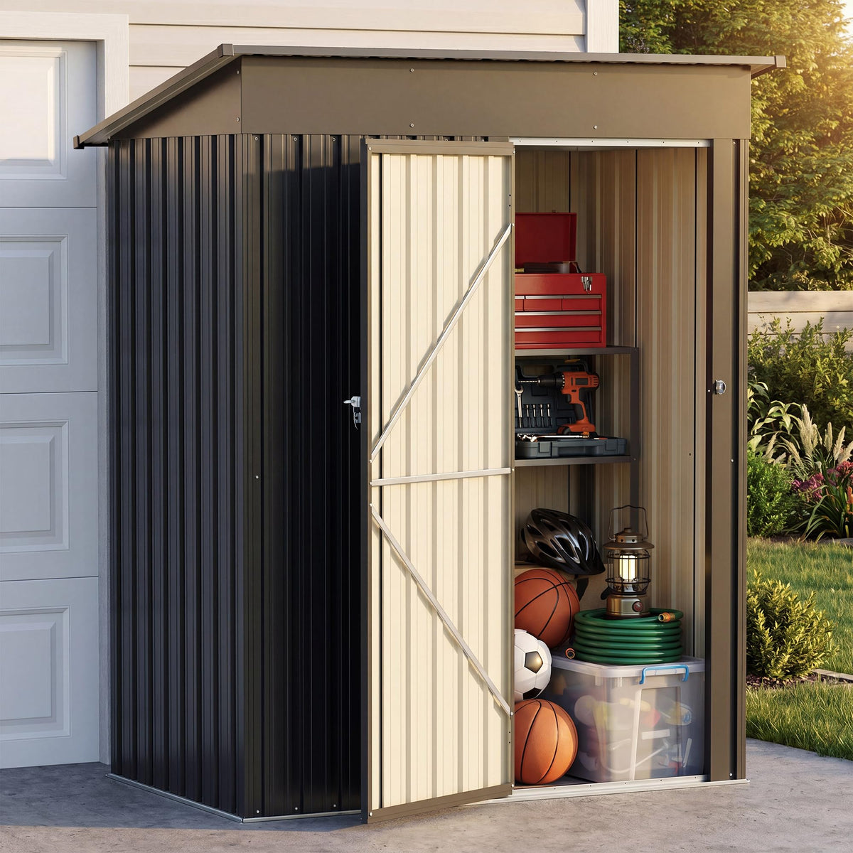 LAUSAINT HOME 10 x 3 FT 2-in-1 Metal Outdoor Storage Shed with Hardtop Gazebo, Lockable Galvanized Steel Lean-to Tool Shed with Sloped Roof, Black